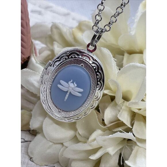 Dainty Cameo Dragonfly Locket Silver Easter Mom Blue White Daughter Gift Wedding - Picture 4 of 12